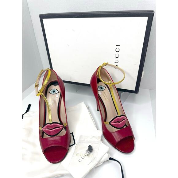Gucci Molina Embroidered Lips T-Strap Red/Gold Leather Pumps 37.5 - Picture 11 of 11